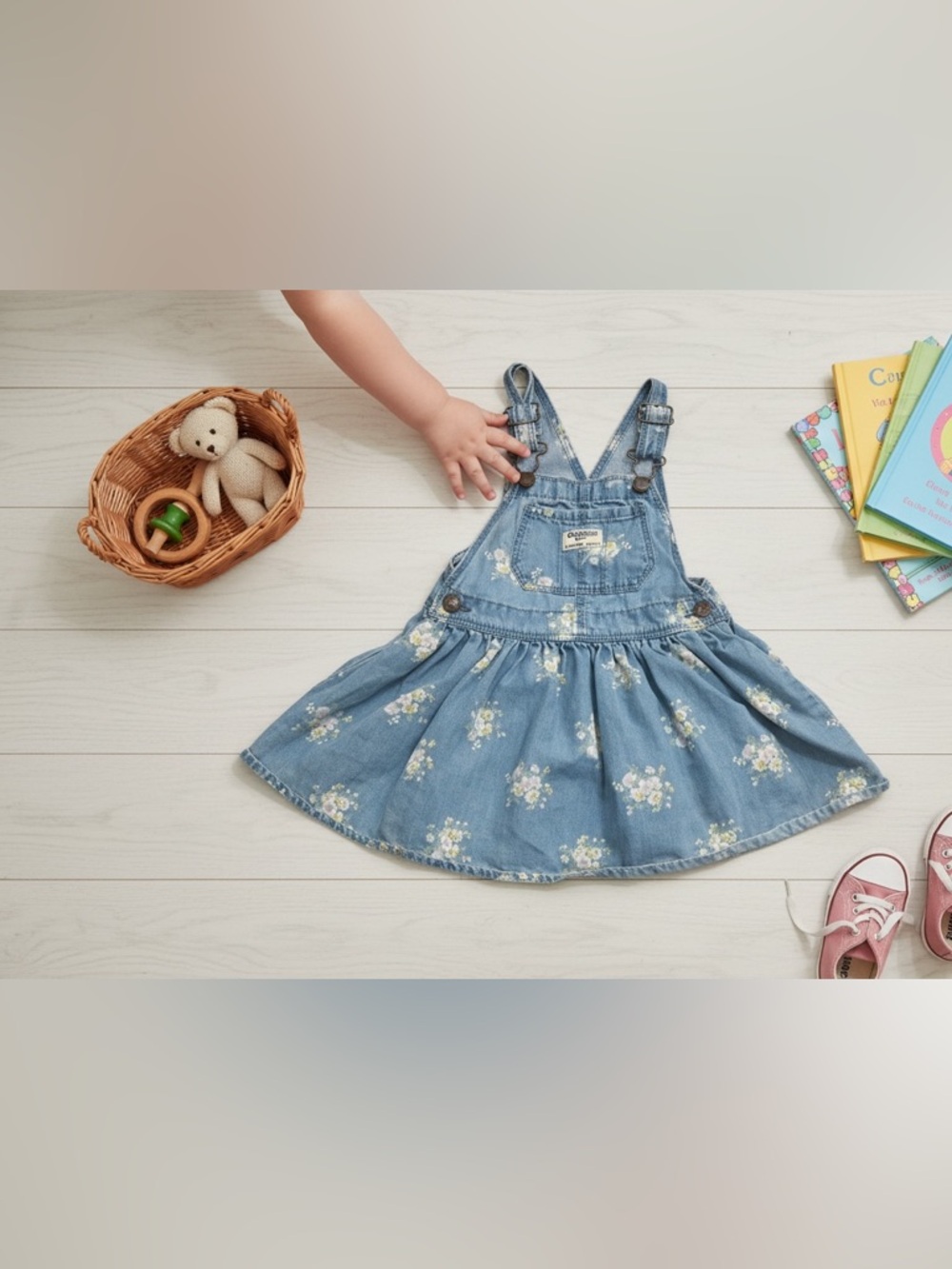 Vintage OshKosh B'Gosh Floral Denim Vestback Bib Overall Dress 3T Toddler Girl